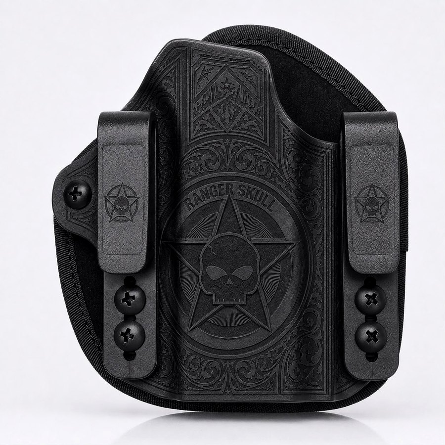 Close-up of black Ranger Skull holster