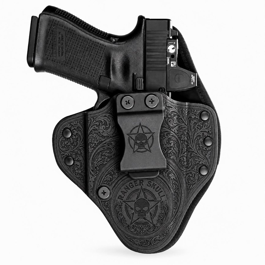 Front view of Ranger Skull holster with pistol